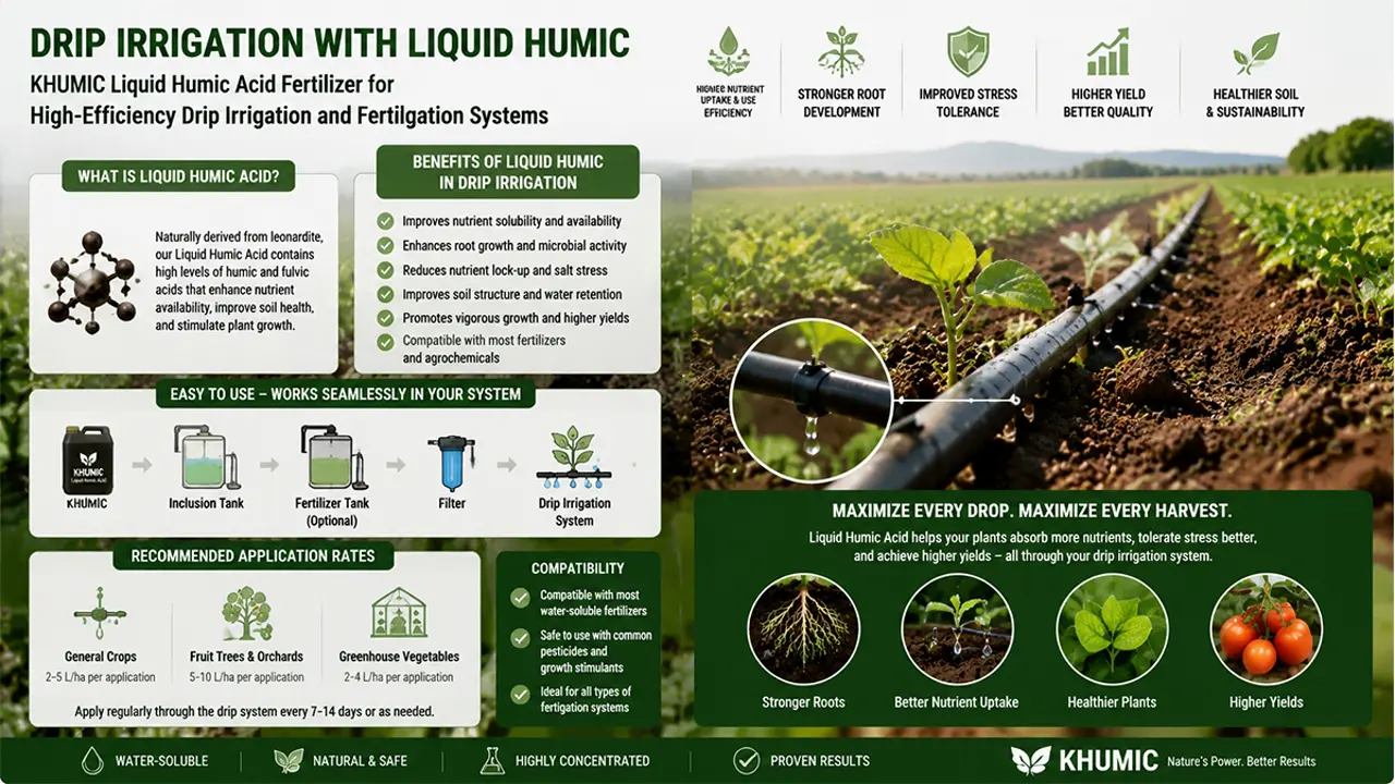 KHUMIC Liquid Humic Acid Fertilizer application in a precision drip irrigation system for high-efficiency agriculture.