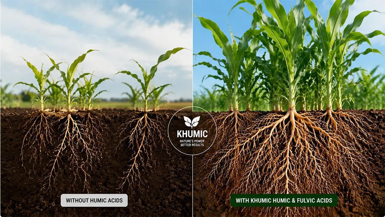 Comparison of crop root development with and without KHUMIC humic and fulvic acid biostimulants.