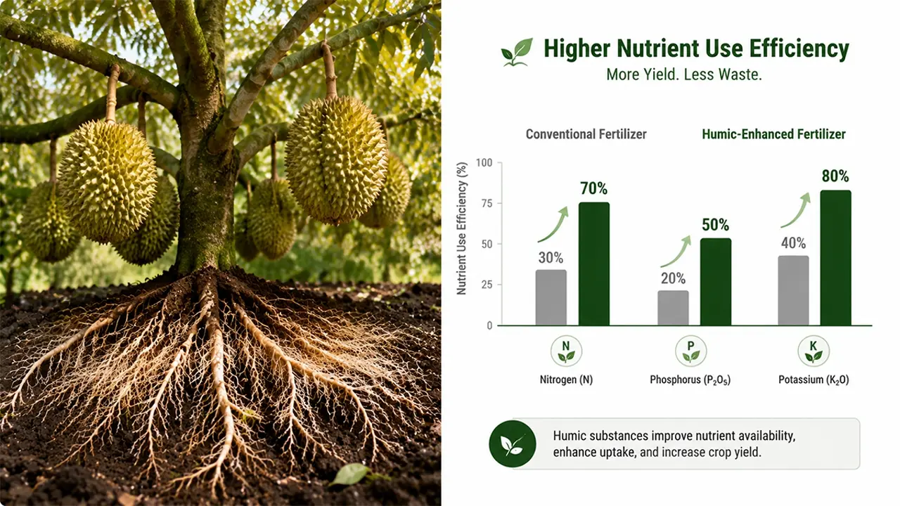 Chart showing higher nutrient use efficiency in durian trees using KHUMIC humic fertilizer compared to ordinary fertilizers.
