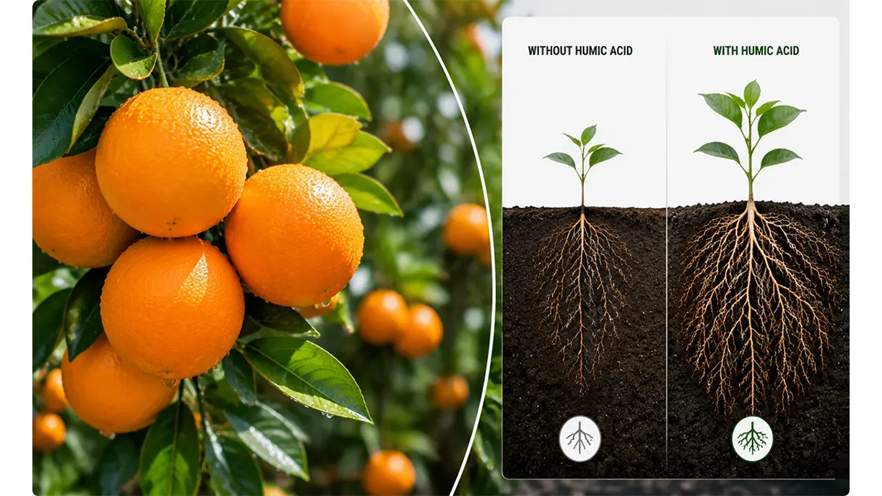 Healthy citrus fruit quality and root development comparison using KHUMIC water-soluble humic and fulvic acid.