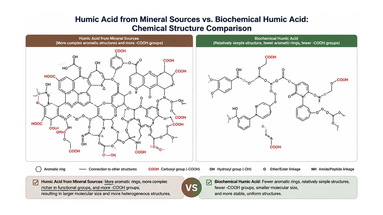 Chemical structure comparison of Mineral-source vs Bio-chemical fulvic acid showing functional group density
