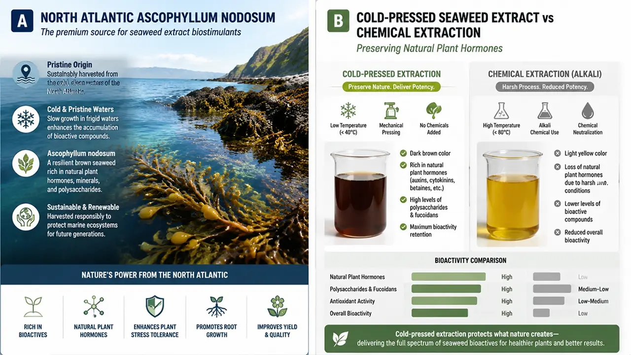 Infographic of North Atlantic Ascophyllum Nodosum: Comparing cold-pressed vs chemical seaweed extract for better fruit set - KHUMIC