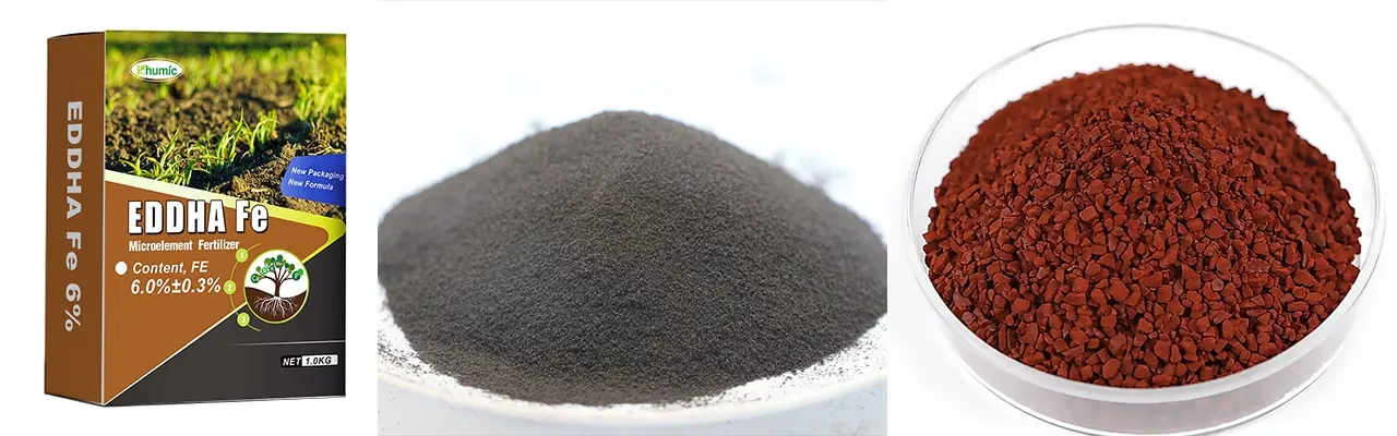 EDDHA Fe 6% Ortho-Ortho chelated iron fertilizer packaging, dark microgranules, and deep red soluble powder - KHUMIC GROUP