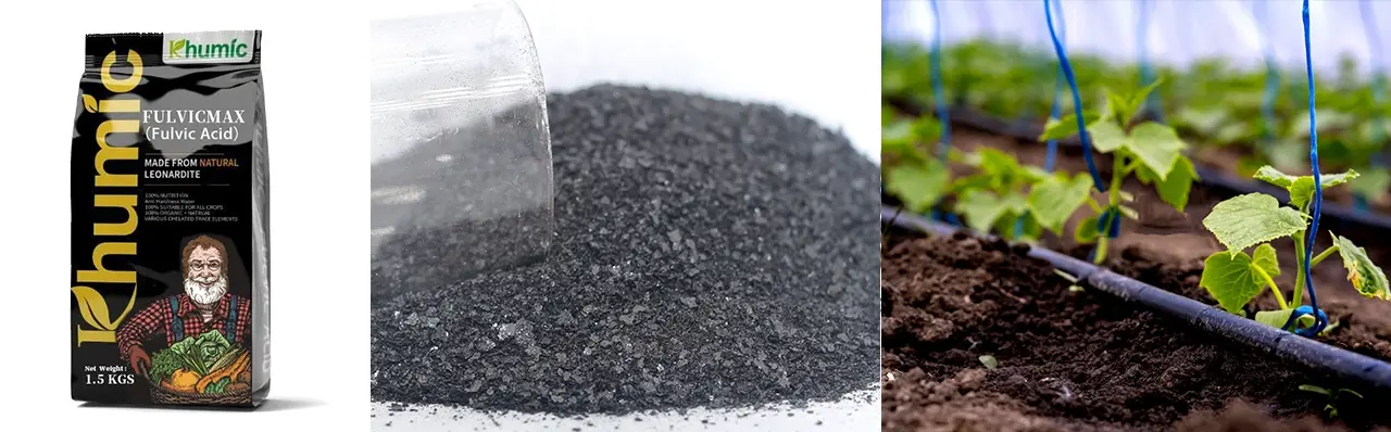 KHUMIC mineral-source fulvic acid powder and its application for high-efficiency foliar spraying in agriculture.