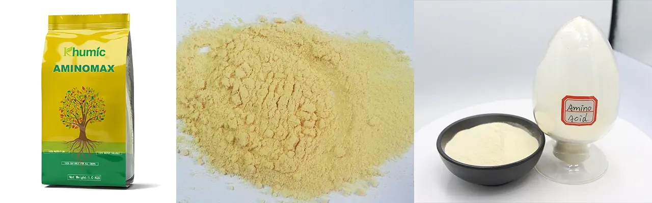 Aminomax 80% enzymatic plant-source amino acid powder packaging and fine light-yellow crystalline texture - KHUMIC GROUP
