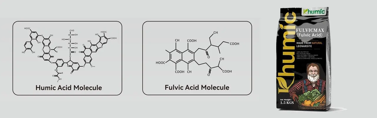 Comparison infographic of humic acid and fulvic acid chemical structures with KHUMIC mineral-source product packaging